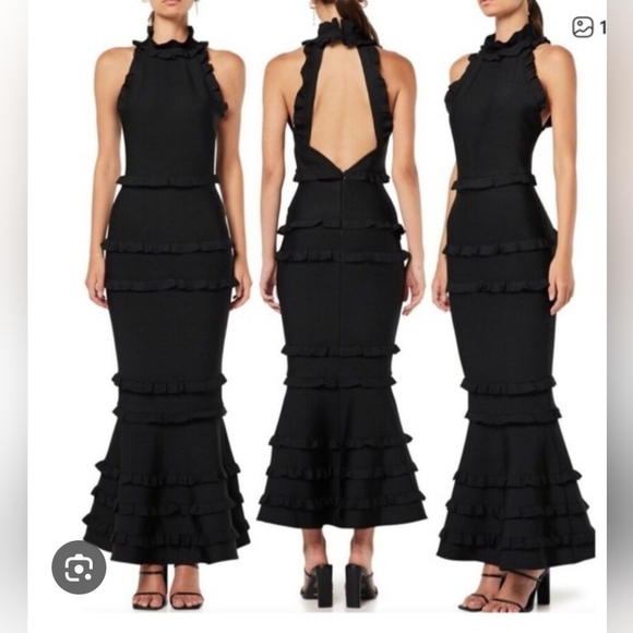 Size 16 Xscape Black High-Neck Ruffle-Hem Evening Gown. - Picture 2 of 5